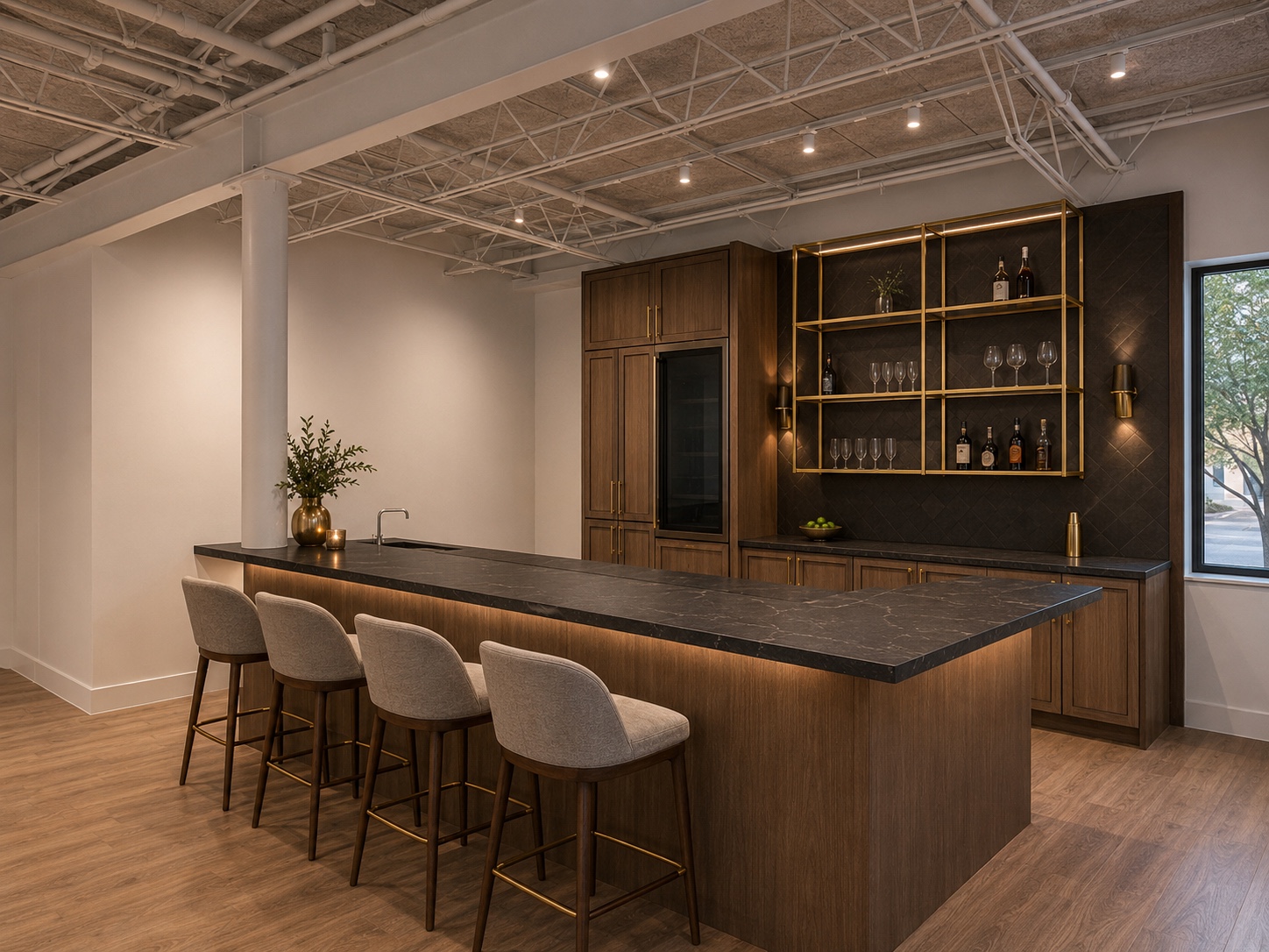 Architectural rendering of The Luxury Tree House working kitchen and cocktail bar gallery where guests can compare installed appliances.